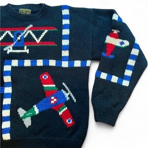 100% Wool Airplane ✈️ Eclectic Grandpa Cottagecore Whimsical Sweater VTG 90s M